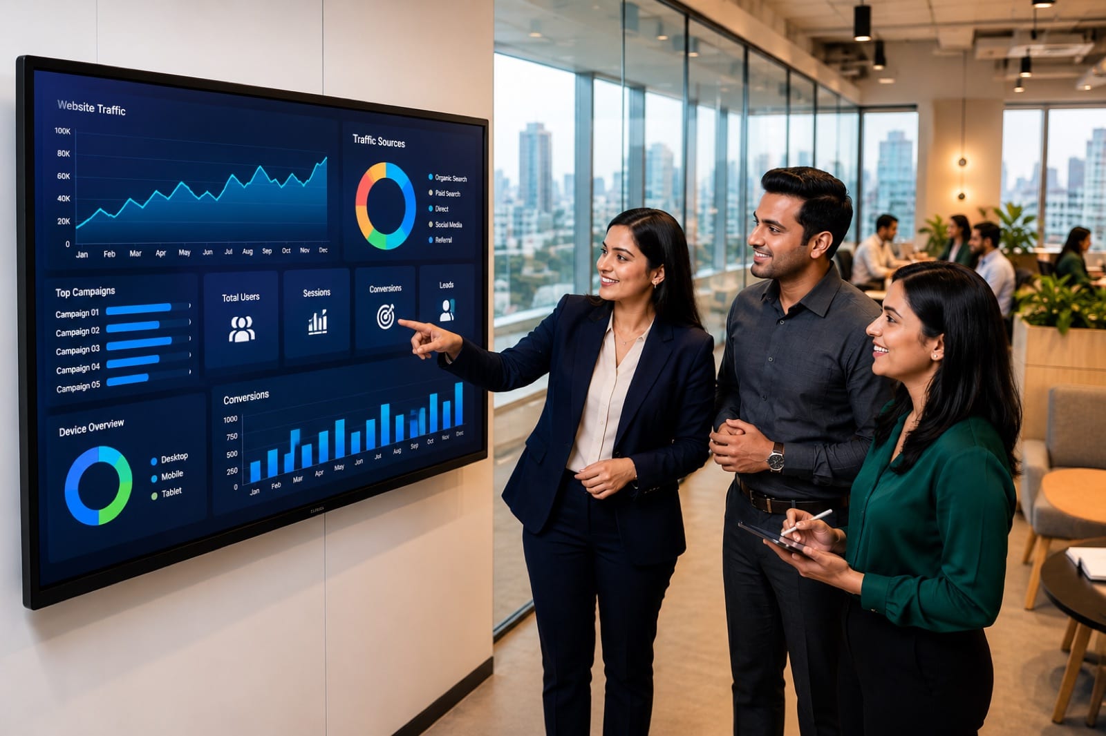 TurnOnDigital team reviewing campaign performance on an analytics dashboard